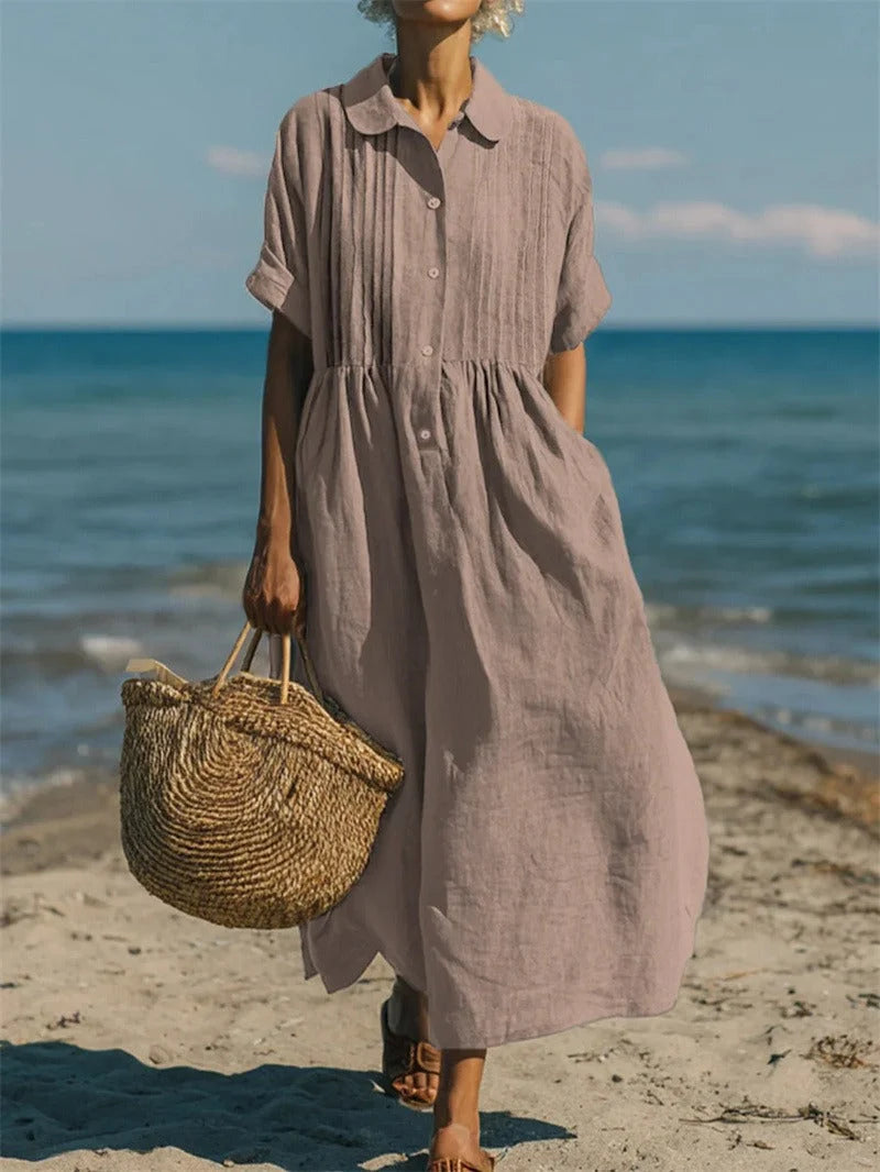 Women's Pintuck Linen Maxi Shirt Dress