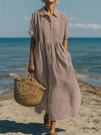 Women's Pintuck Linen Maxi Shirt Dress