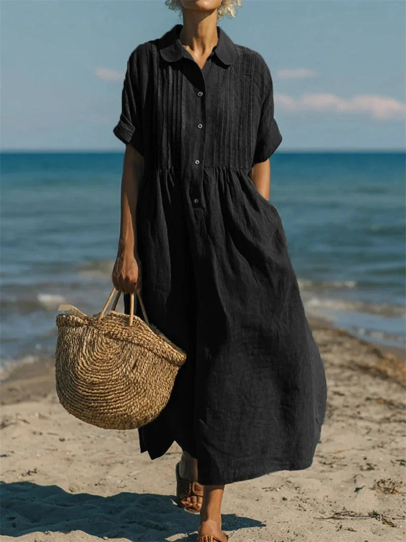 Women's Pintuck Linen Maxi Shirt Dress