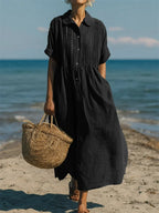 Women's Pintuck Linen Maxi Shirt Dress
