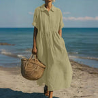 Women's Pintuck Linen Maxi Shirt Dress