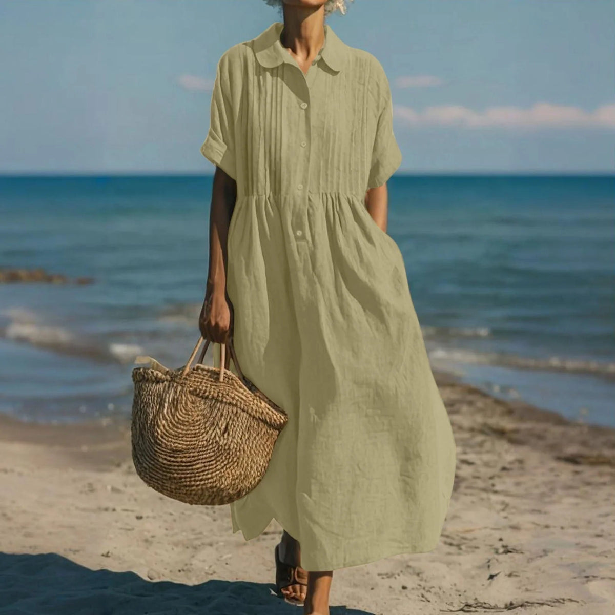 Women's Pintuck Linen Maxi Shirt Dress