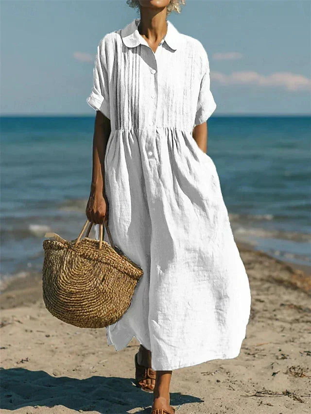 Women's Pintuck Linen Maxi Shirt Dress