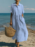 Women's Pintuck Linen Maxi Shirt Dress
