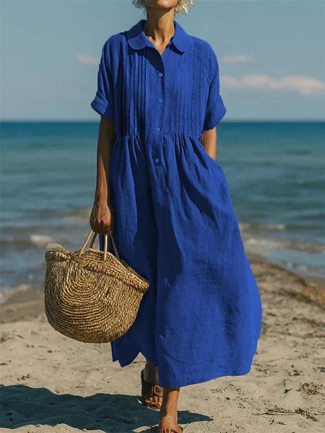 Women's Pintuck Linen Maxi Shirt Dress