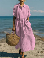 Women's Pintuck Linen Maxi Shirt Dress