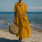 Women's Pintuck Linen Maxi Shirt Dress