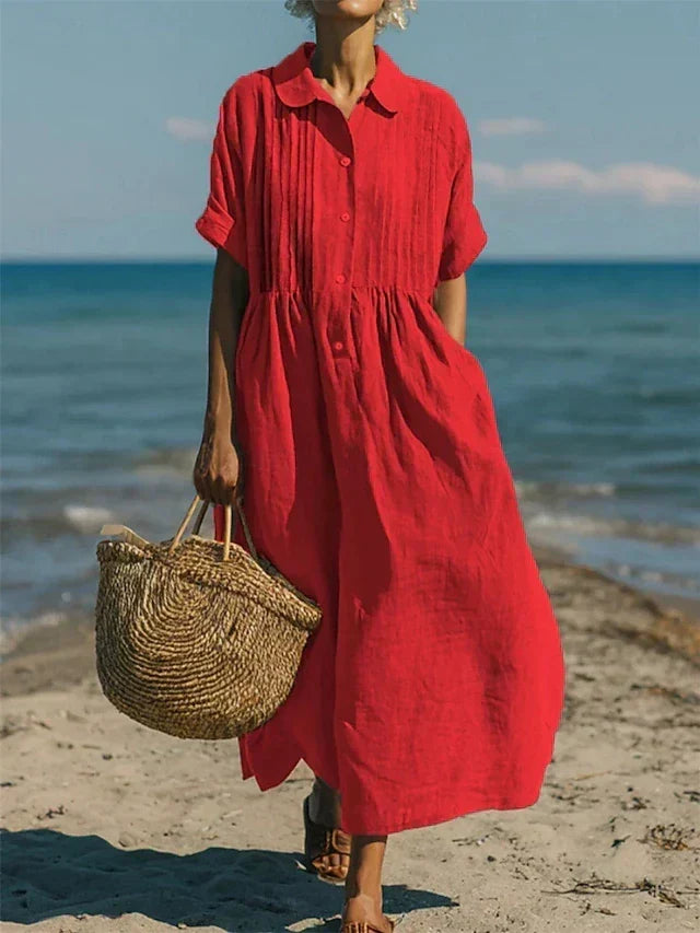 Women's Pintuck Linen Maxi Shirt Dress