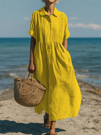 Women's Pintuck Linen Maxi Shirt Dress