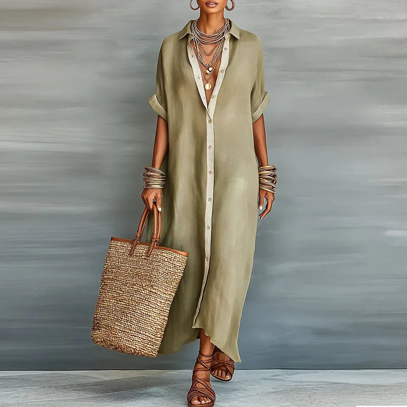 Women's Relaxed Linen Shirt Maxi Dress with Collar