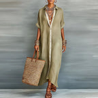 Women's Relaxed Linen Shirt Maxi Dress with Collar
