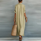 Women's Relaxed Linen Shirt Maxi Dress with Collar
