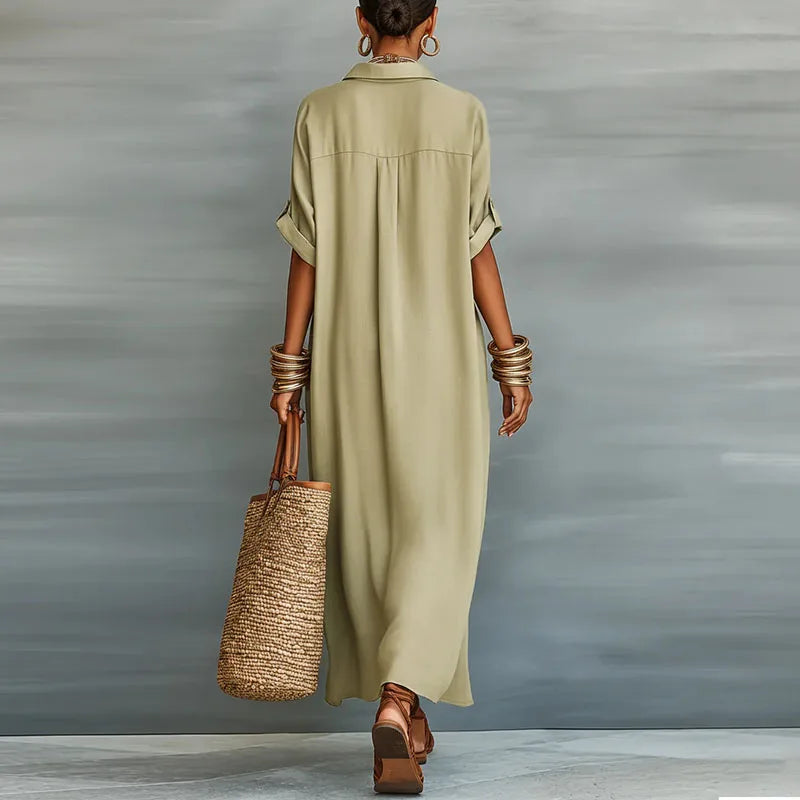 Women's Relaxed Linen Shirt Maxi Dress with Collar