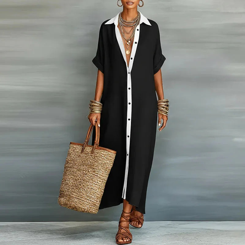 Women's Relaxed Linen Shirt Maxi Dress with Collar