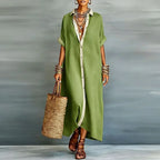 Women's Relaxed Linen Shirt Maxi Dress with Collar