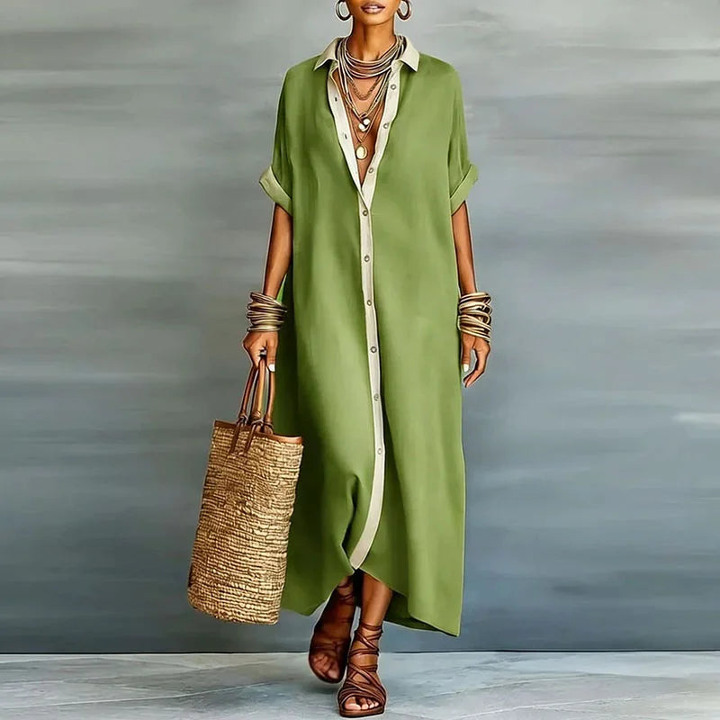 Women's Relaxed Linen Shirt Maxi Dress with Collar
