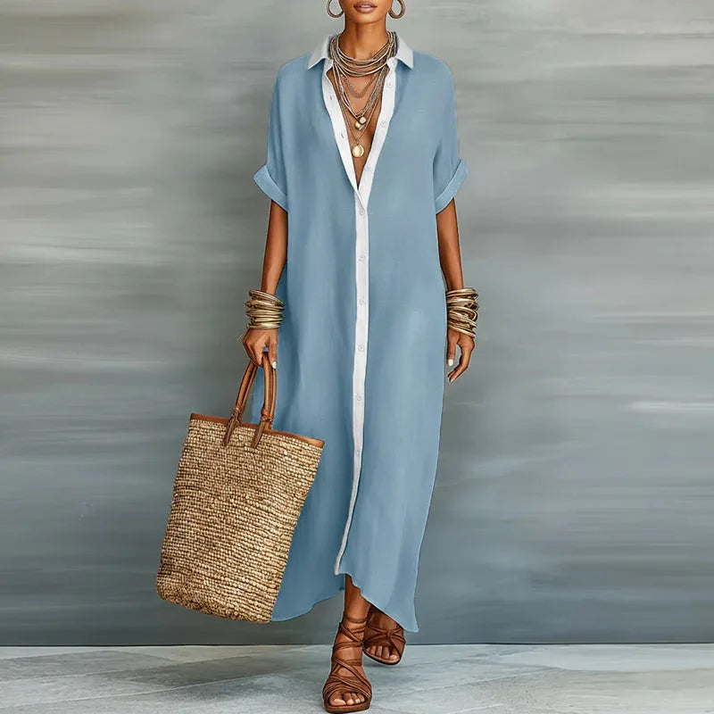 Women's Relaxed Linen Shirt Maxi Dress with Collar