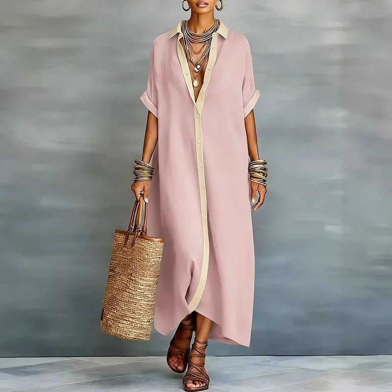 Women's Relaxed Linen Shirt Maxi Dress with Collar