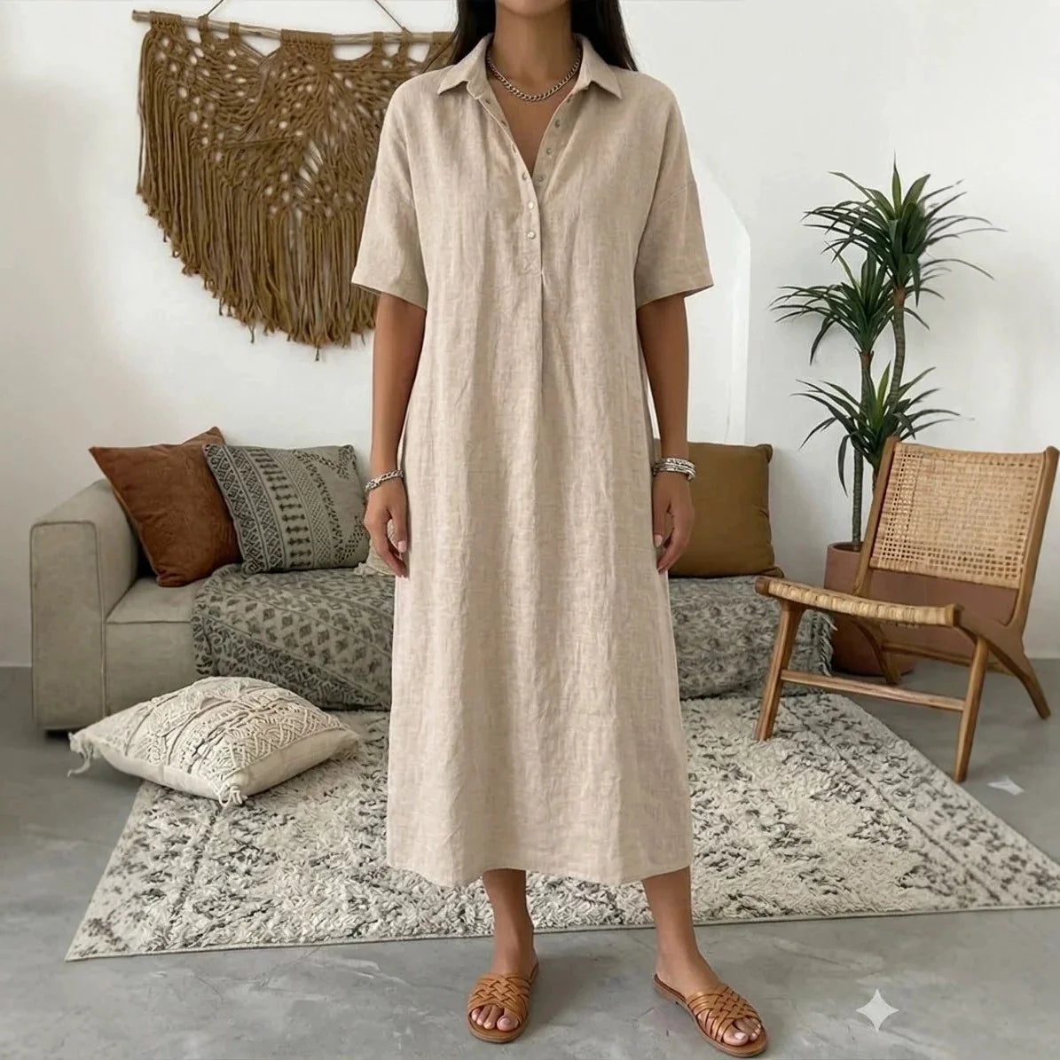 Women's Relaxed Linen Shirt Midi Dress with Collar