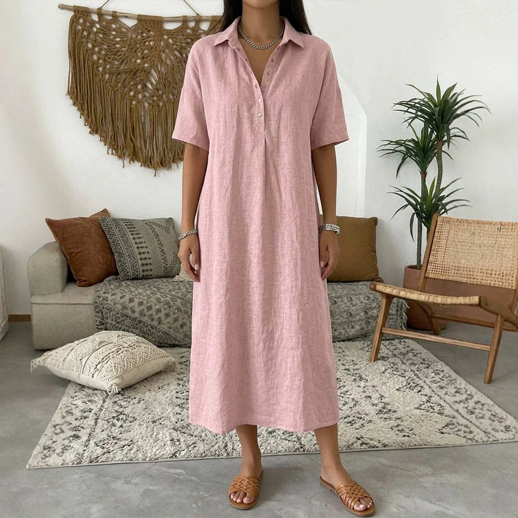Women's Relaxed Linen Shirt Midi Dress with Collar