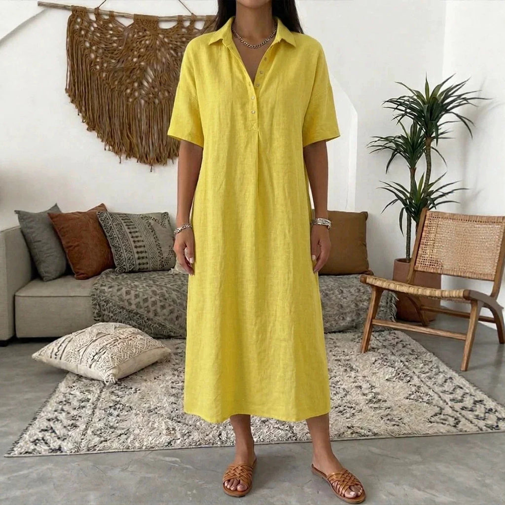 Women's Relaxed Linen Shirt Midi Dress with Collar