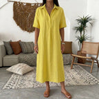 Women's Relaxed Linen Shirt Midi Dress with Collar