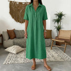 Women's Relaxed Linen Shirt Midi Dress with Collar