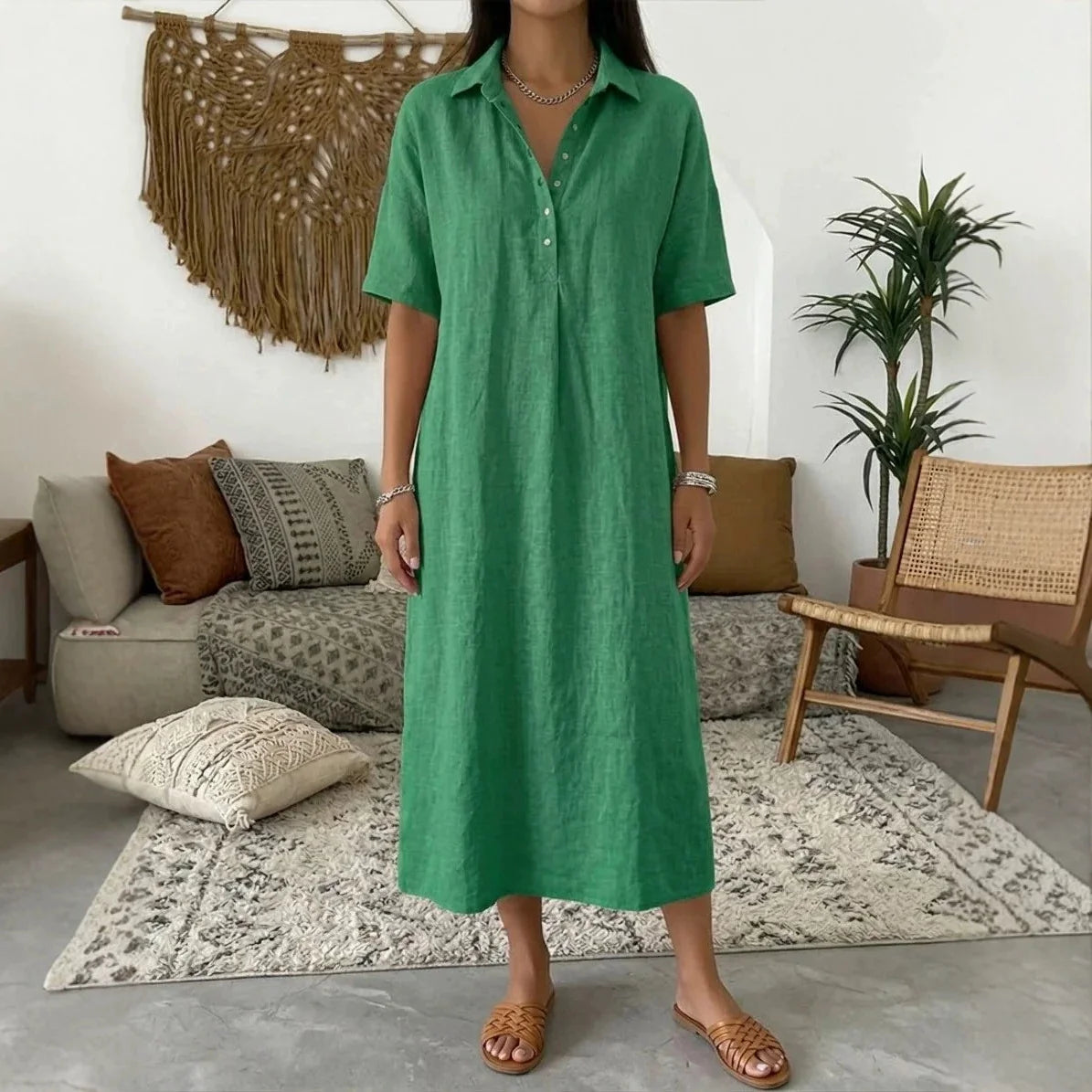 Women's Relaxed Linen Shirt Midi Dress with Collar