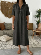 Women's Relaxed Linen Shirt Midi Dress with Collar