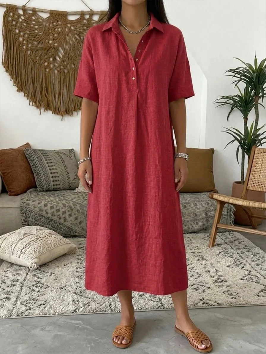 Women's Relaxed Linen Shirt Midi Dress with Collar