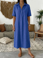 Women's Relaxed Linen Shirt Midi Dress with Collar