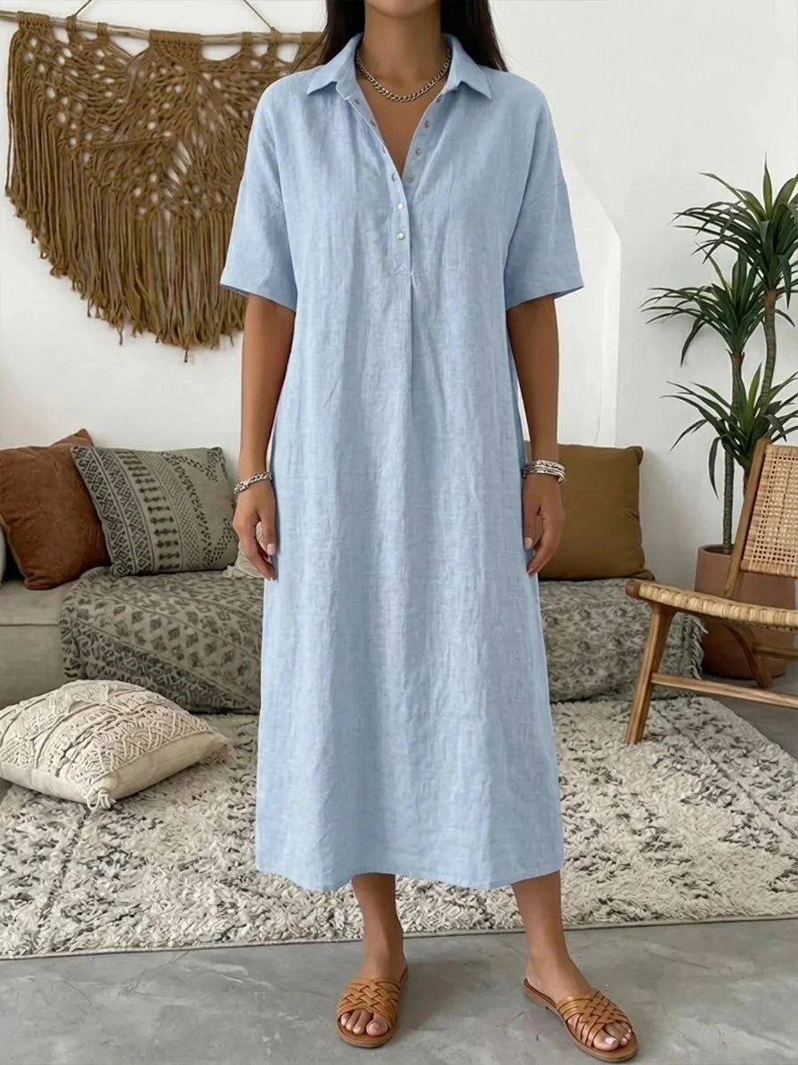Women's Relaxed Linen Shirt Midi Dress with Collar