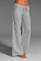 Women's Relaxed Wide-Leg Linen Trousers with Drawstring Waist