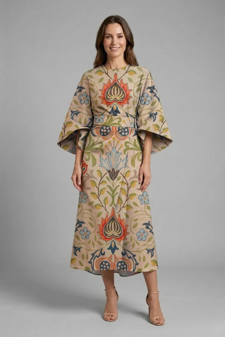 Women's Round Neck Wide-Sleeve Midi Dress