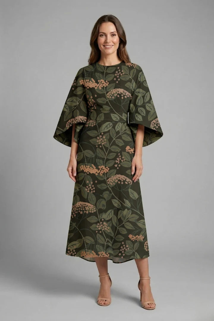 Women's Round Neck Wide-Sleeve Midi Dress
