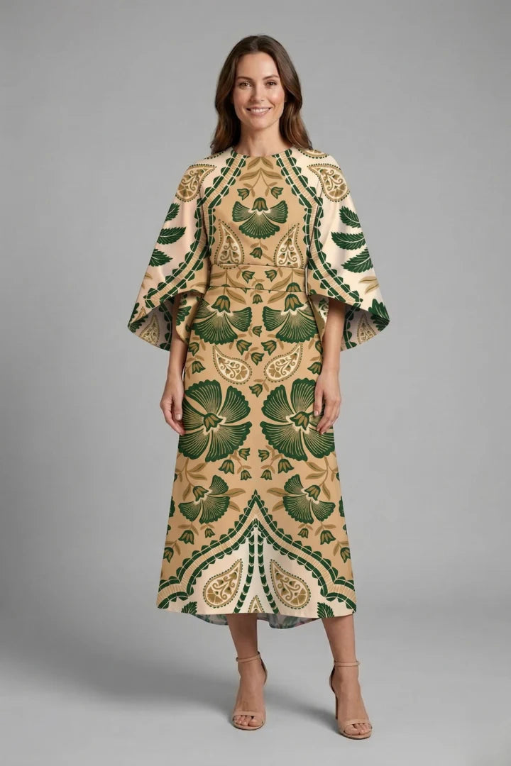 Women's Round Neck Wide-Sleeve Midi Dress