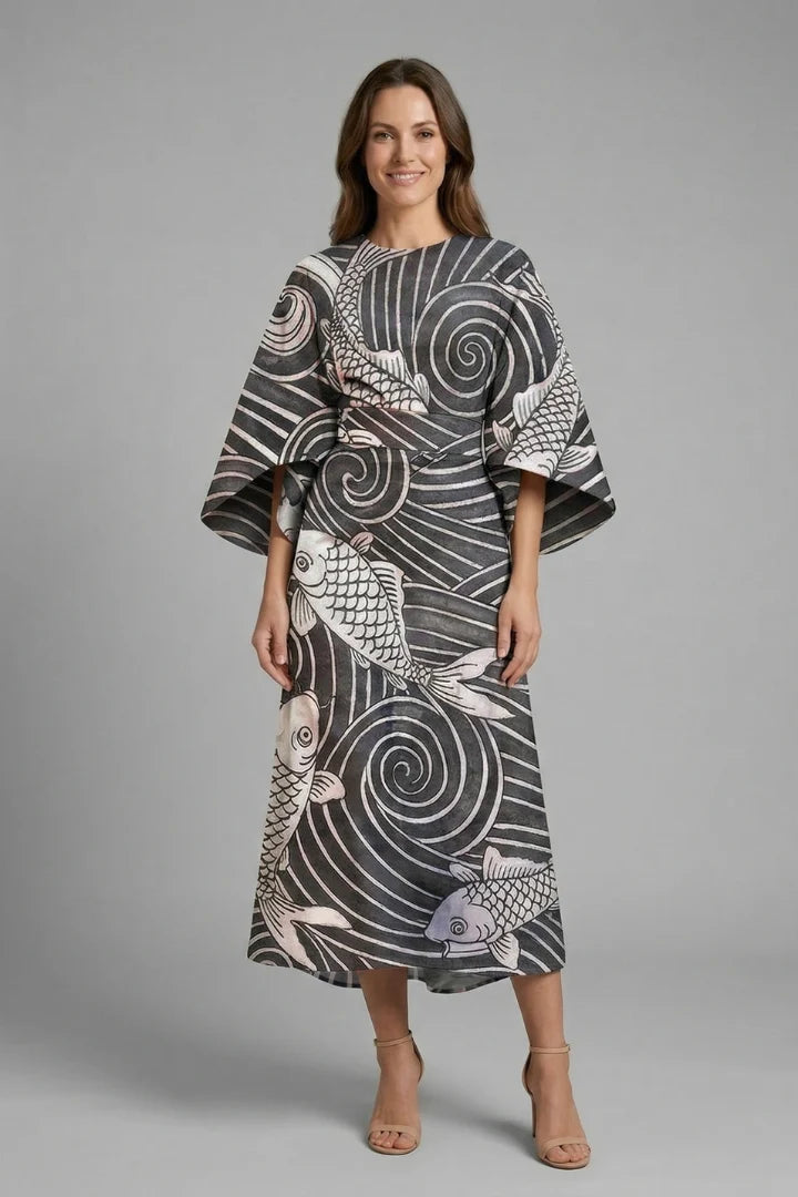Women's Round Neck Wide-Sleeve Midi Dress