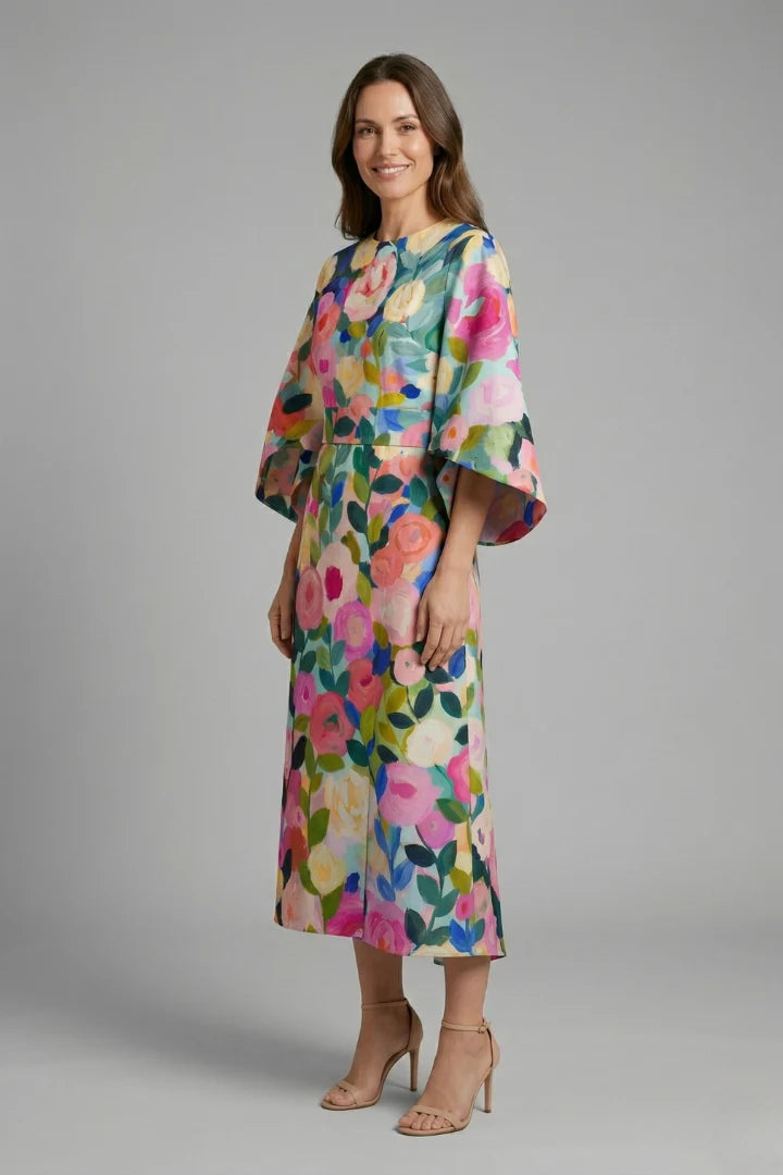 Women's Round Neck Wide-Sleeve Midi Dress