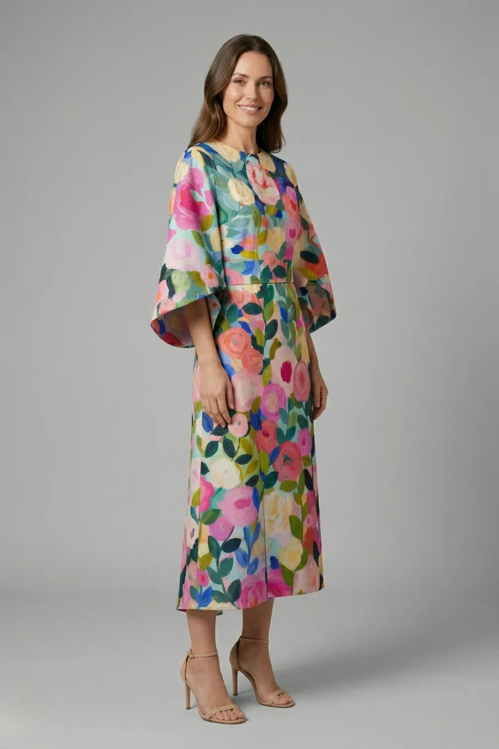 Women's Round Neck Wide-Sleeve Midi Dress