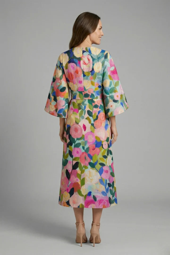 Women's Round Neck Wide-Sleeve Midi Dress