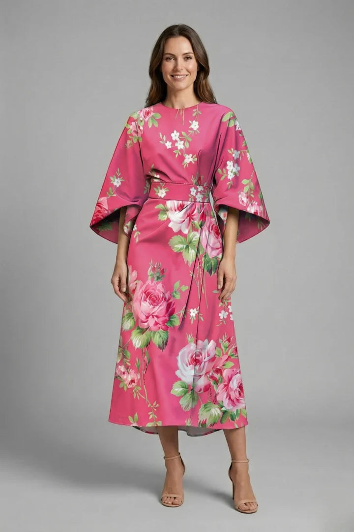 Women's Round Neck Wide-Sleeve Midi Dress