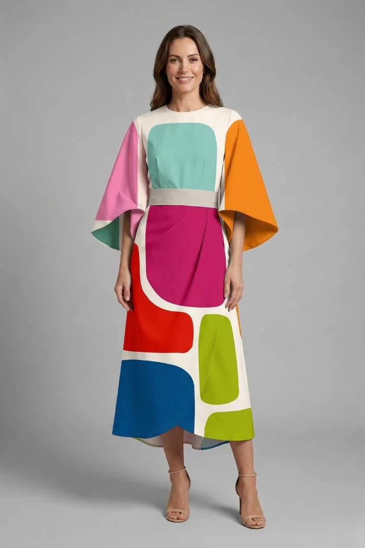 Women's Round Neck Wide-Sleeve Midi Dress