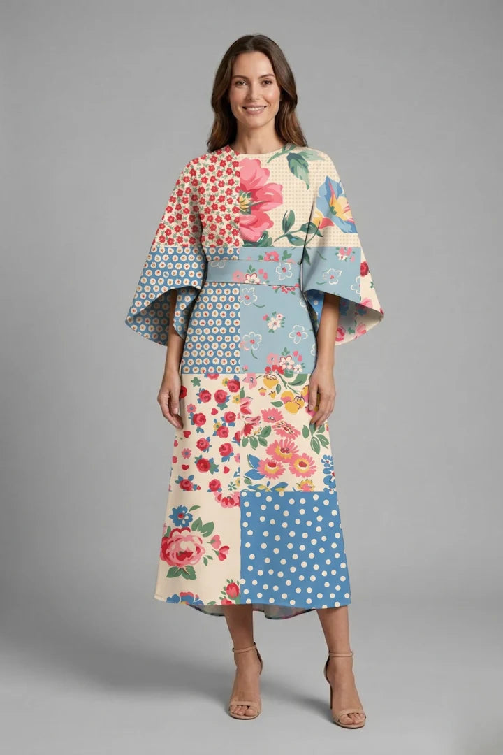 Women's Round Neck Wide-Sleeve Midi Dress