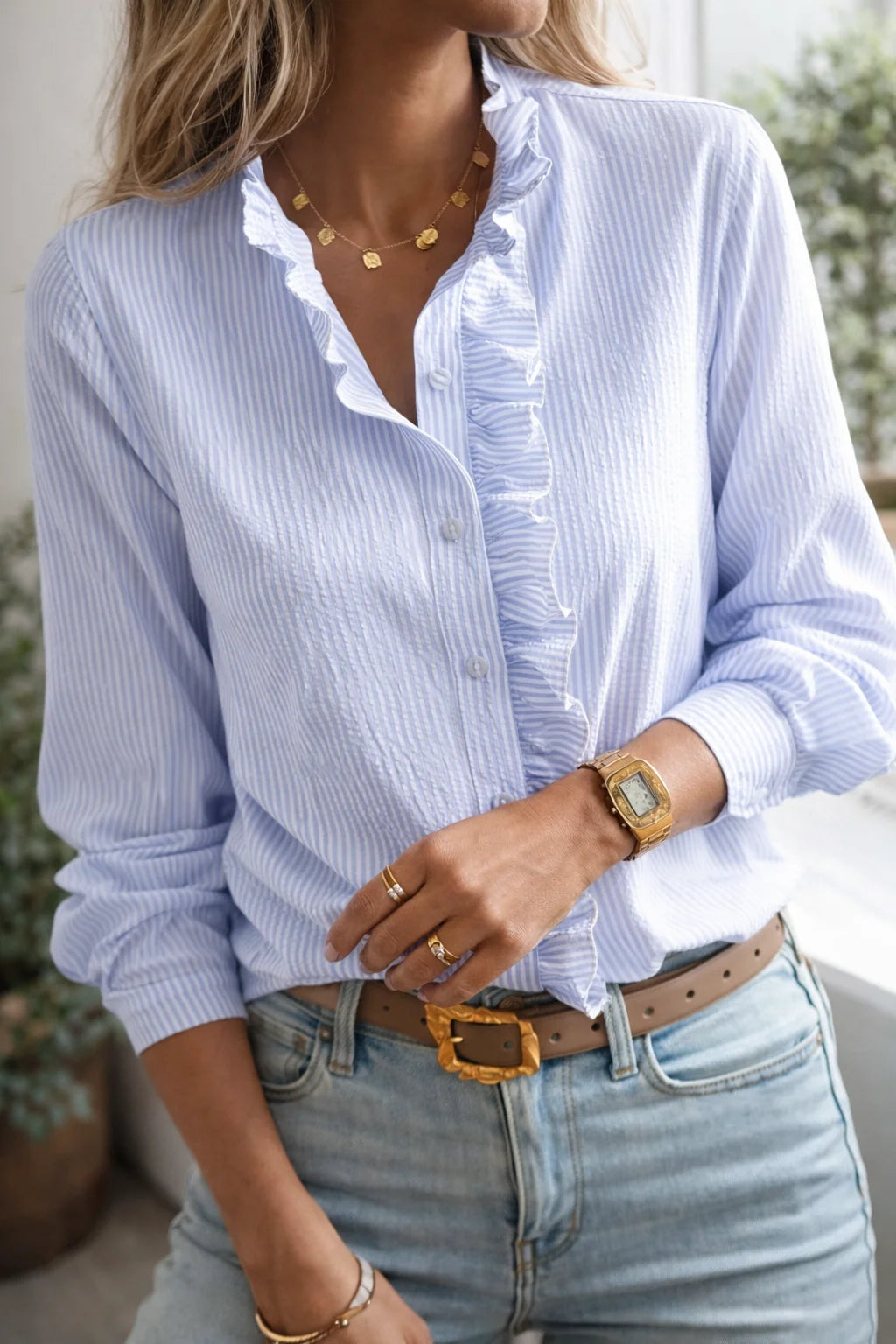 Women's Ruffle Detail Button-Down Long Sleeve Blouse
