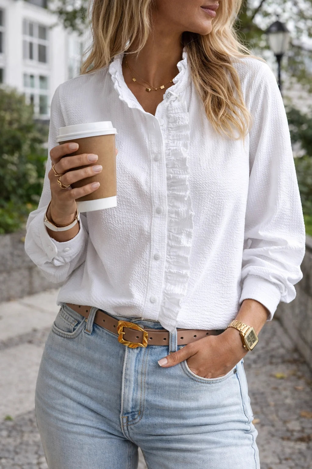 Women's Ruffle Detail Button-Down Long Sleeve Blouse