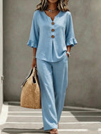 Women's Ruffle Sleeve Linen Two-Piece Set