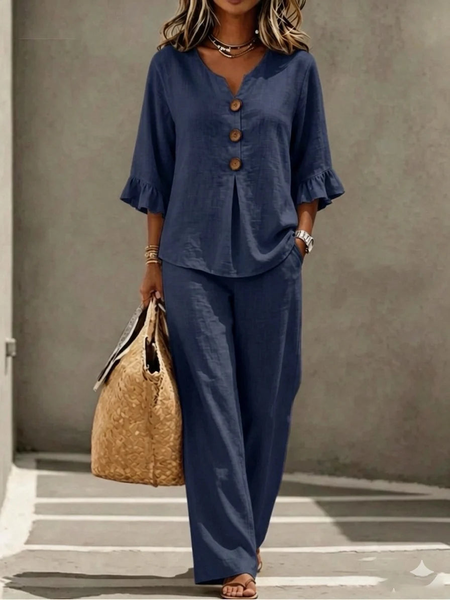 Women's Ruffle Sleeve Linen Two-Piece Set