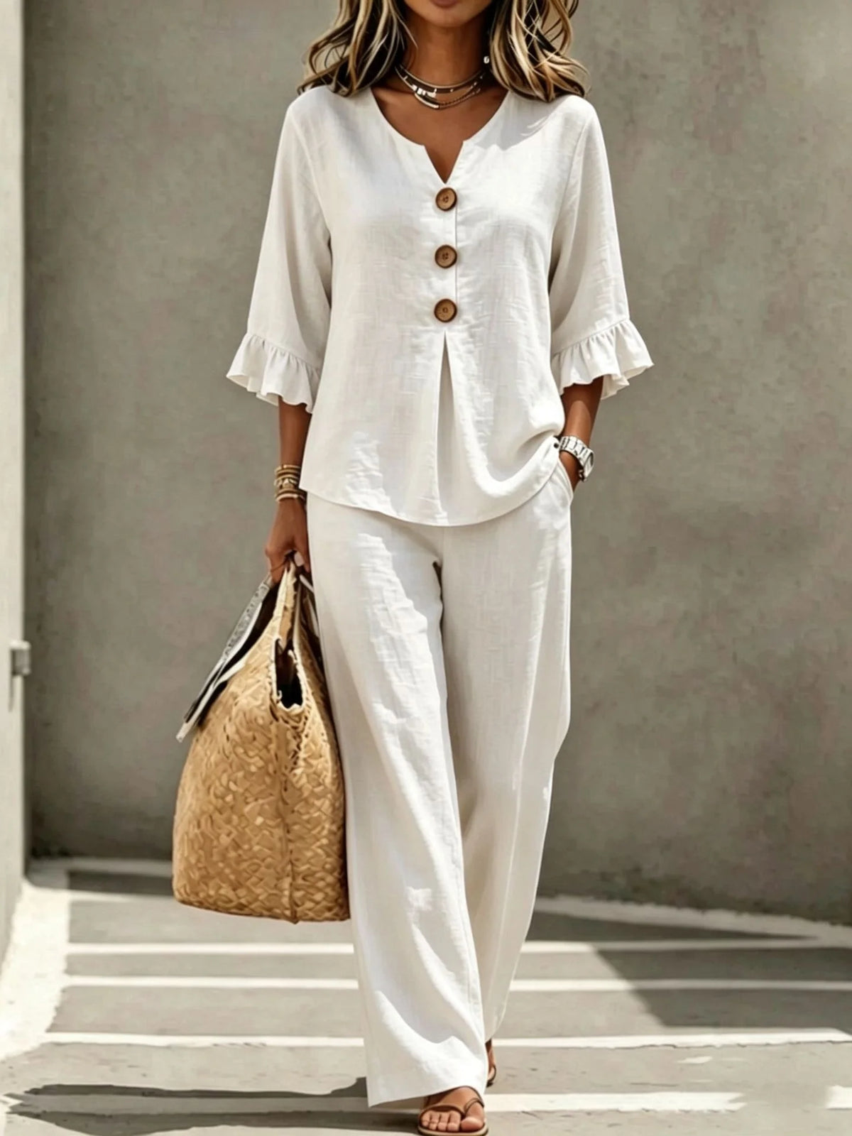 Women's Ruffle Sleeve Linen Two-Piece Set