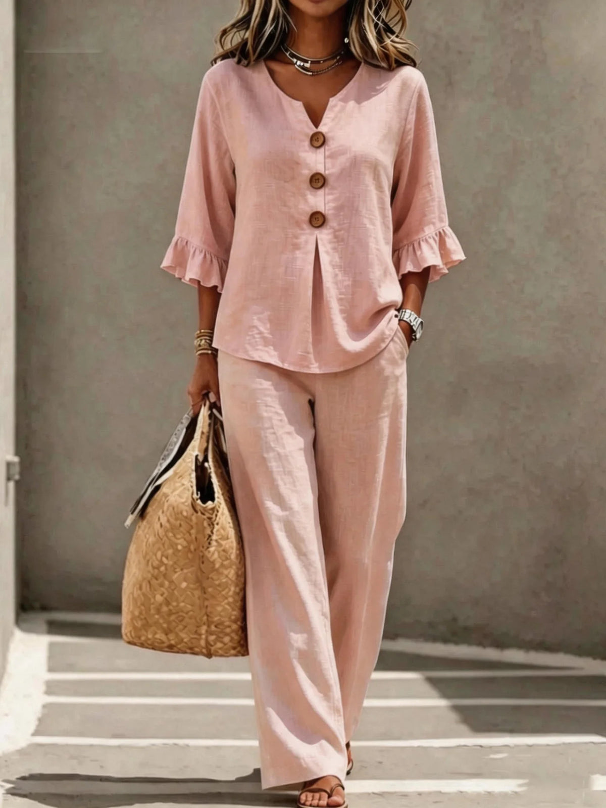 Women's Ruffle Sleeve Linen Two-Piece Set