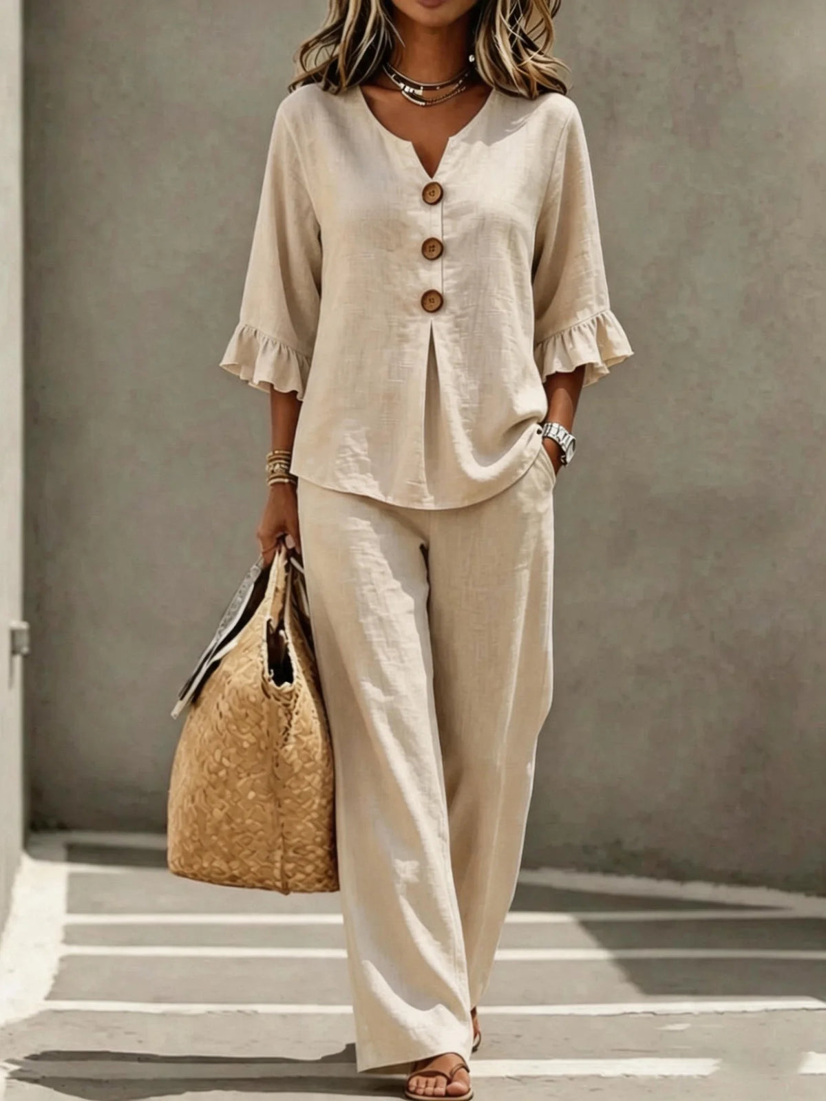 Women's Ruffle Sleeve Linen Two-Piece Set